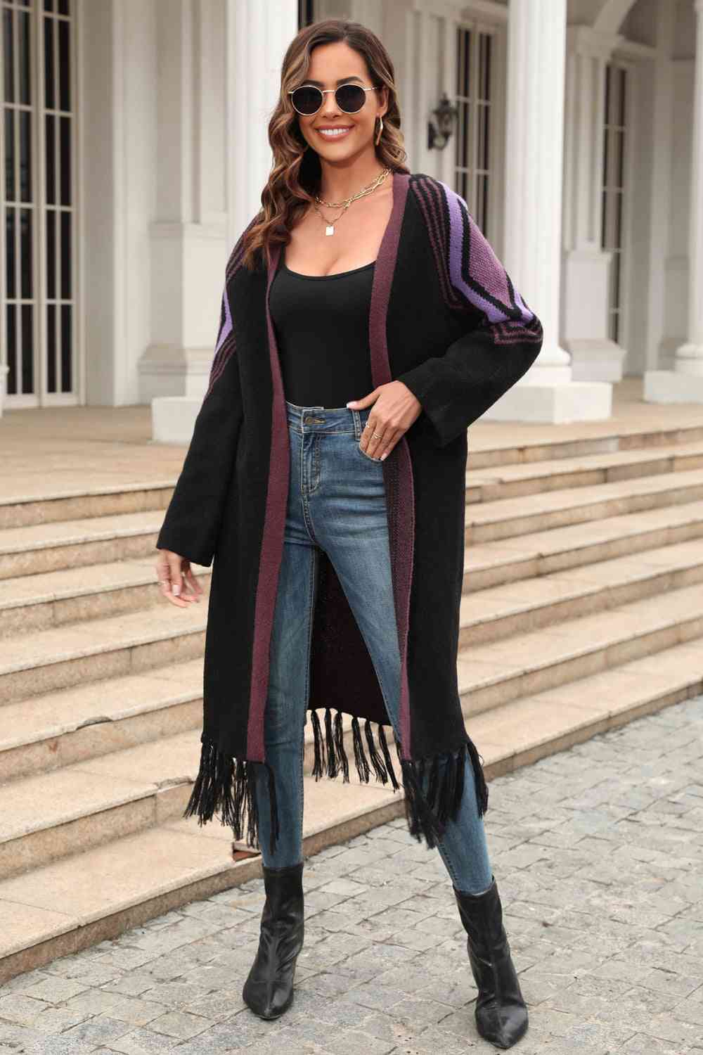  Geometric  Hem Open Front Duster Cardigan Bazaarbey