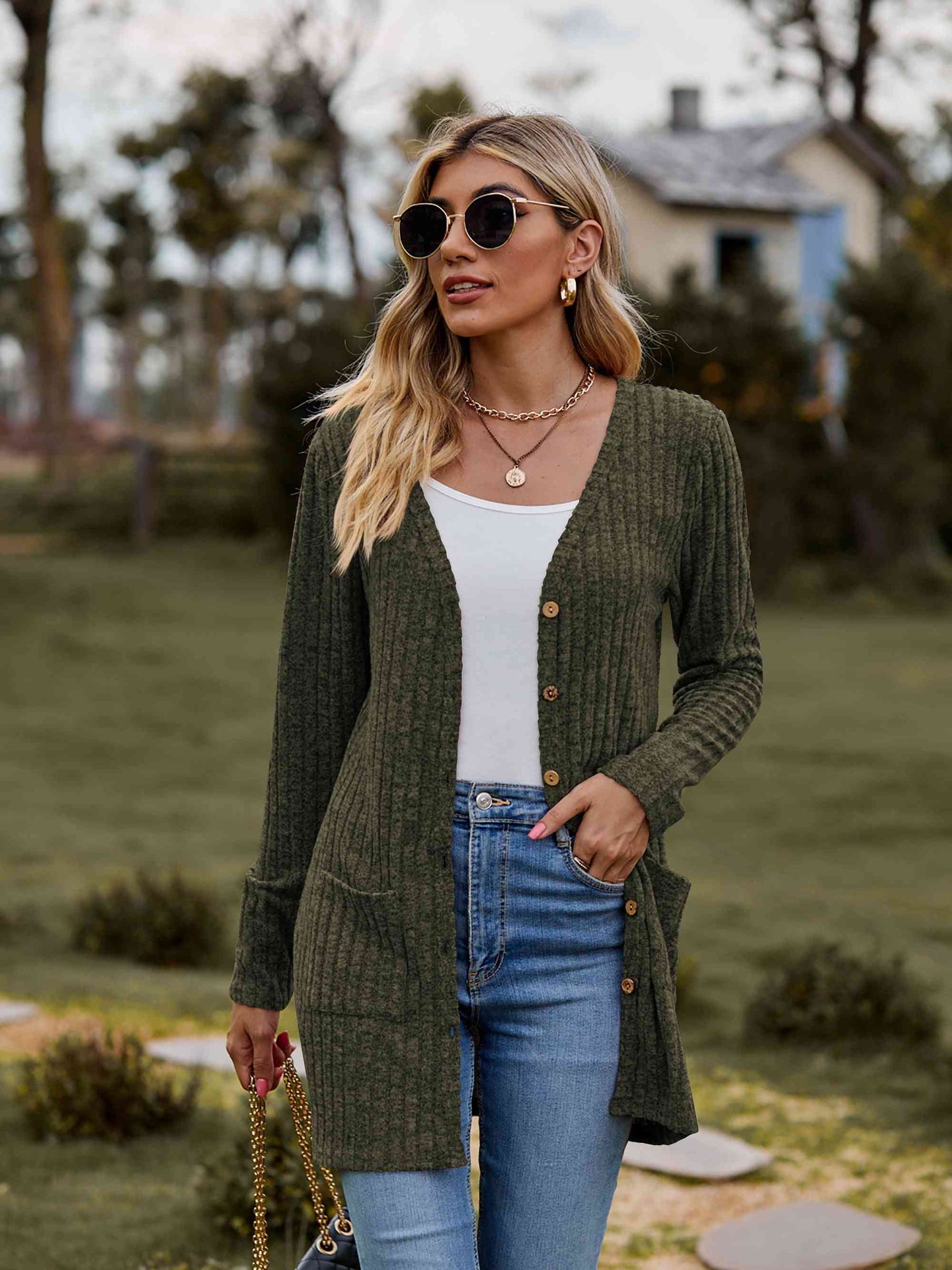 Ribbed Button-Up Cardigan with Pockets Trendsi