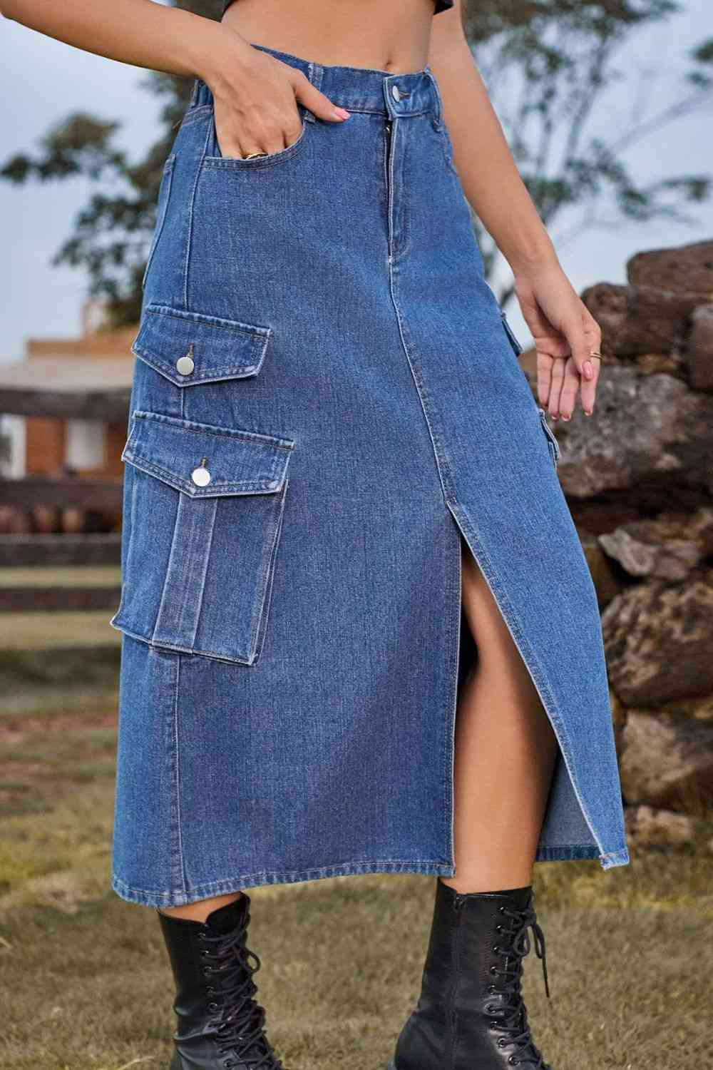 Slit Front Midi Denim Skirt with Pockets Trendsi