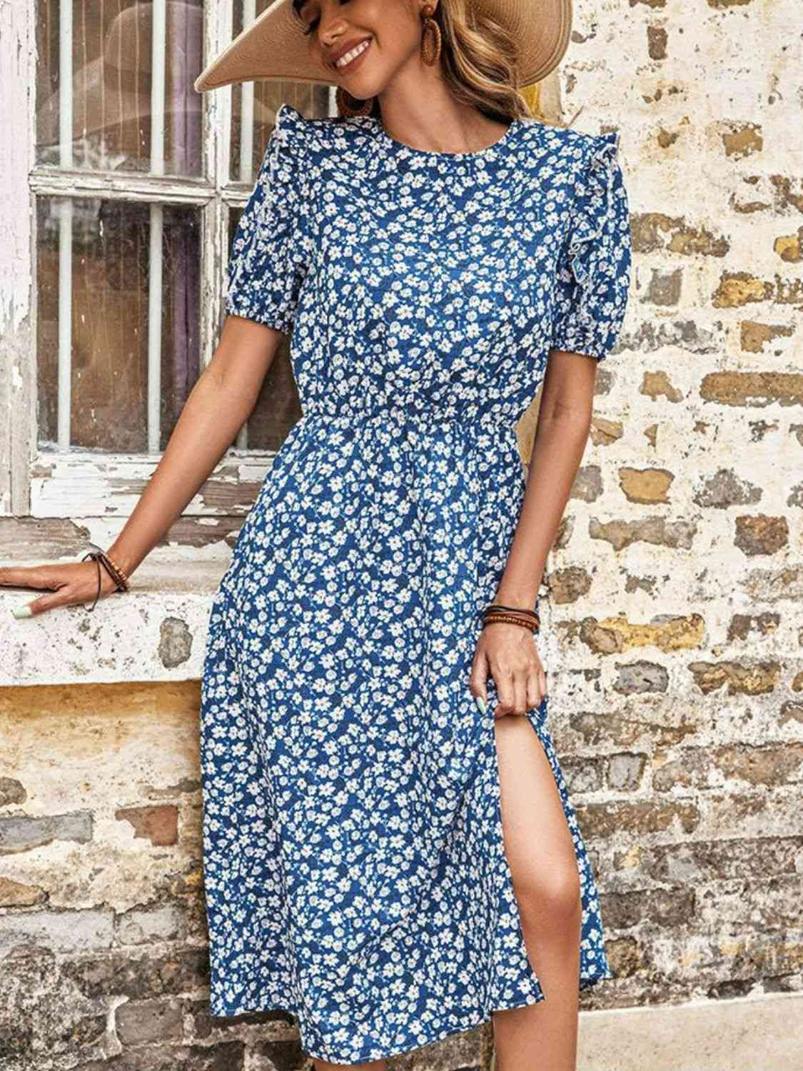 Floral Round Neck Split Midi Dress -BazaarBey - www.shopbazaarbey.com