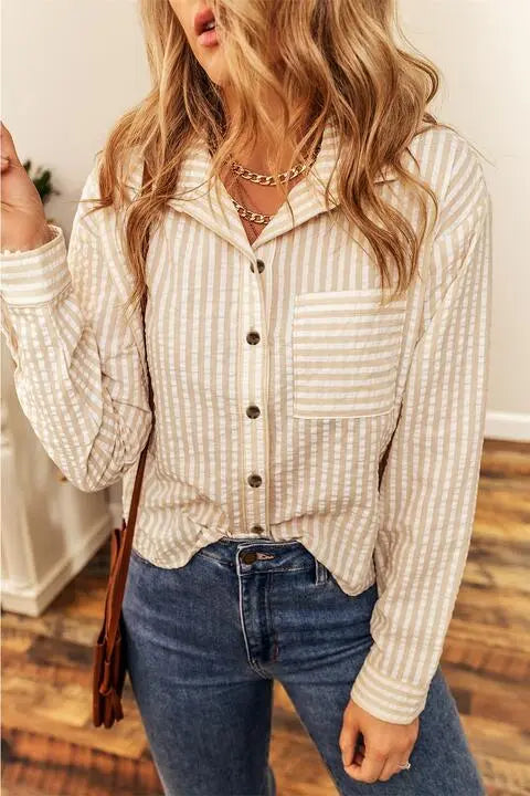 Striped Button-Up Shirt with Breast Pocket Bazaarbey