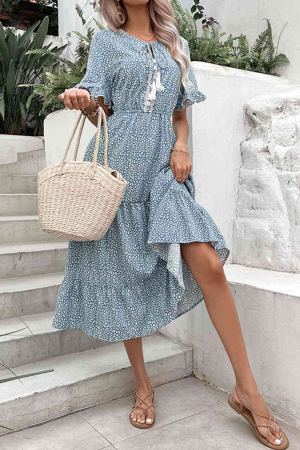 Printed Tassel Tie Flounce Sleeve Dress -BazaarBey - www.shopbazaarbey.com