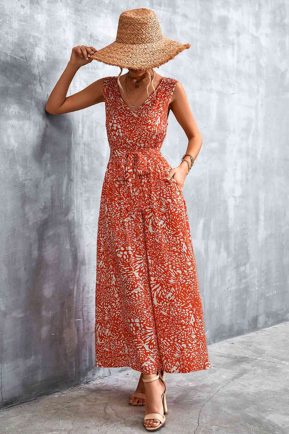 Printed V-Neck Tie Waist Maxi Dress Bazaarbey