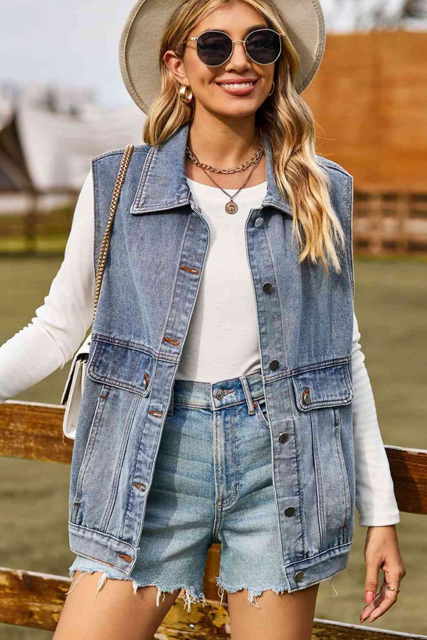 Sleeveless Collared Neck Denim Top with Pockets Bazaarbey