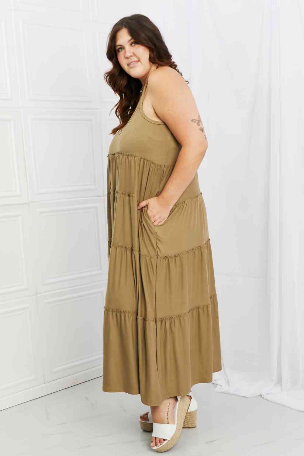 Zenana Full Size Spaghetti Strap Tiered Dress with Pockets in Khaki -BazaarBey - www.shopbazaarbey.com