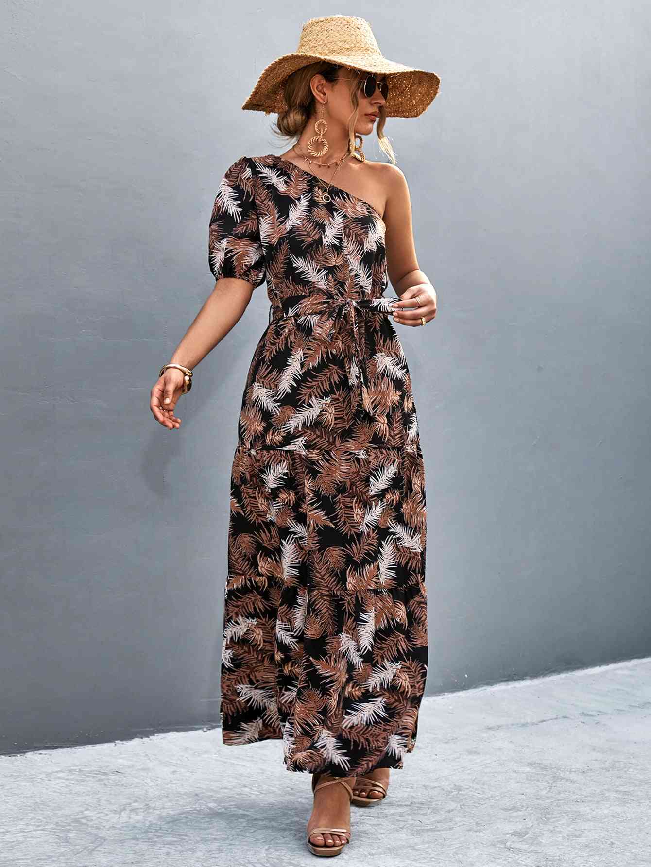 Printed Tie Waist One Shoulder Maxi Dress Bazaarbey
