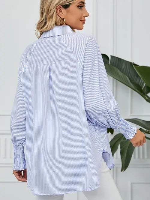 Striped Button Up Smocked Long Sleeve Shirt Bazaarbey