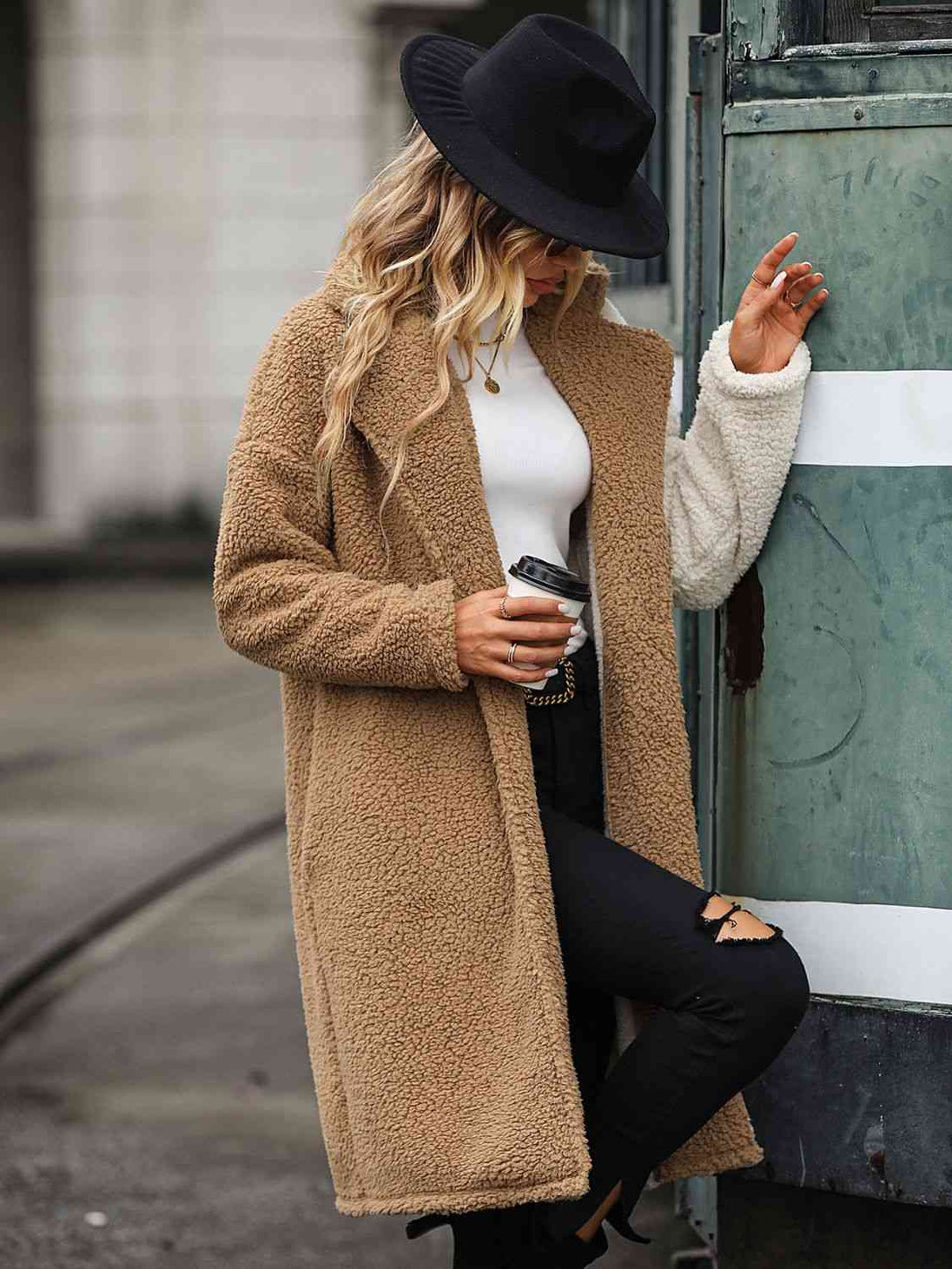Contrast Dropped Shoulder Sherpa Coat Bazaarbey