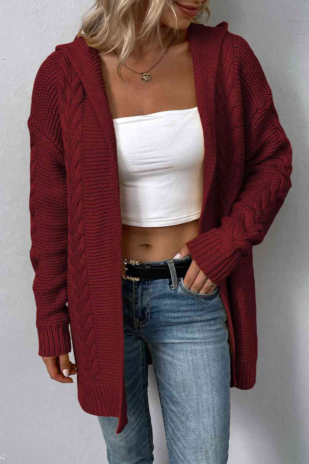 Cable-Knit Dropped Shoulder Hooded Cardigan Bazaarbey