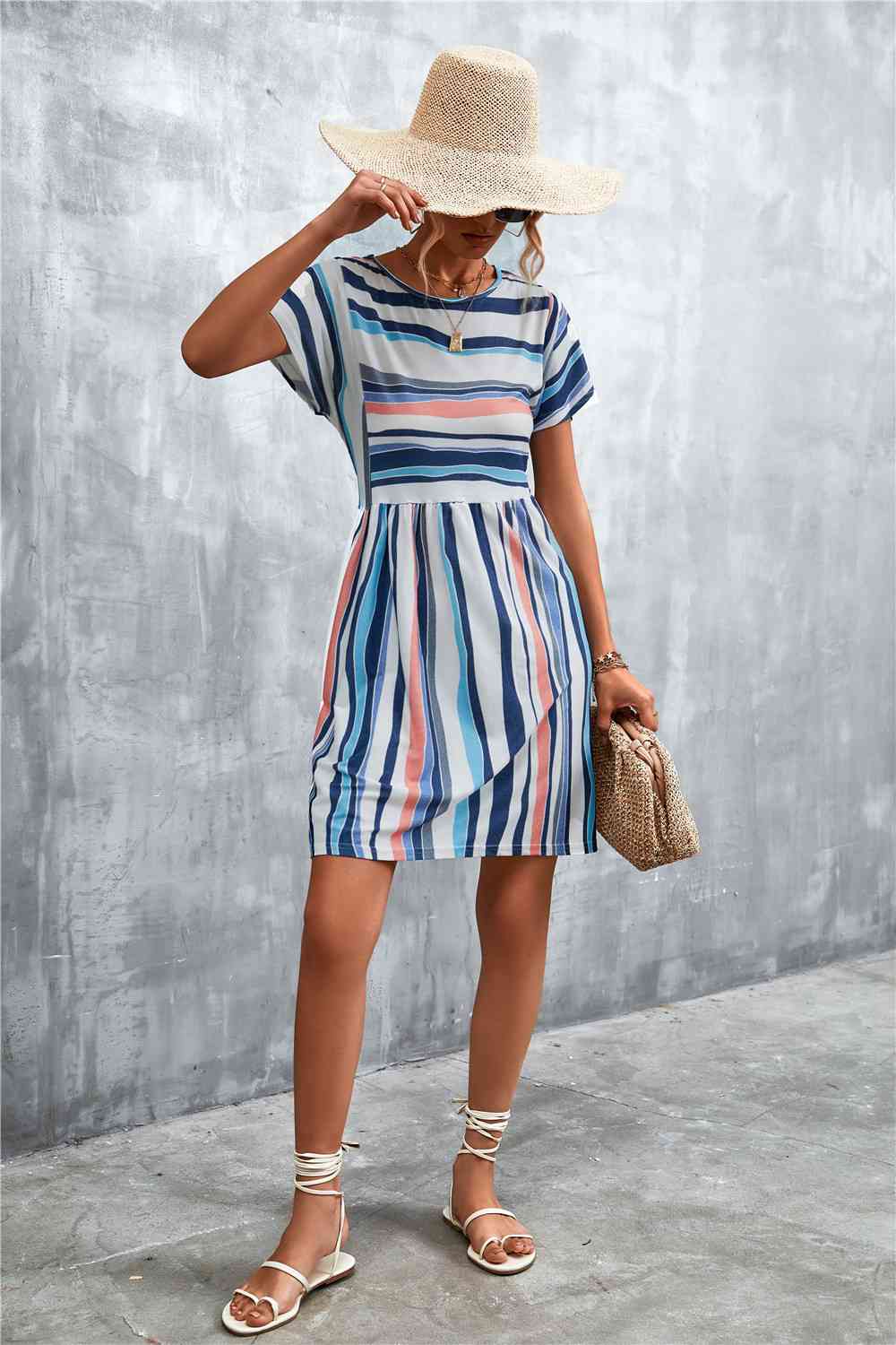 Striped Round Neck Dress -BazaarBey - www.shopbazaarbey.com