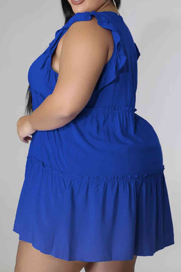 Plus Size V-Neck Frill Trim Mini Dress -BazaarBey - www.shopbazaarbey.com