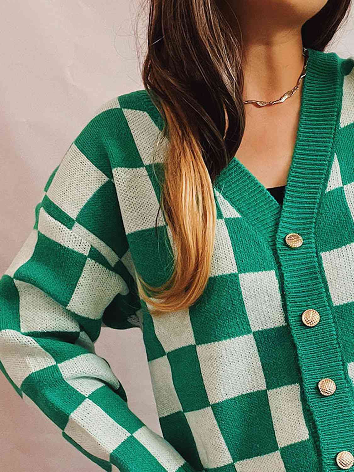 Checkered Open Front Button Up Cardigan Bazaarbey