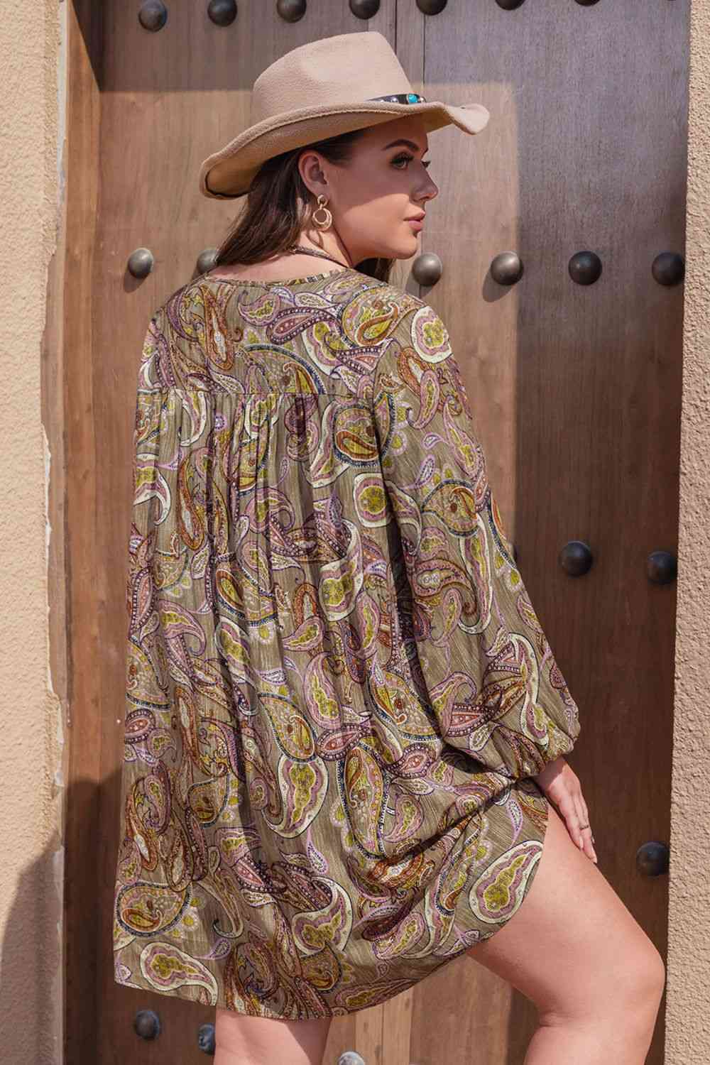 Plus Size Printed V-Neck Long Sleeve Midi Dress -BazaarBey - www.shopbazaarbey.com