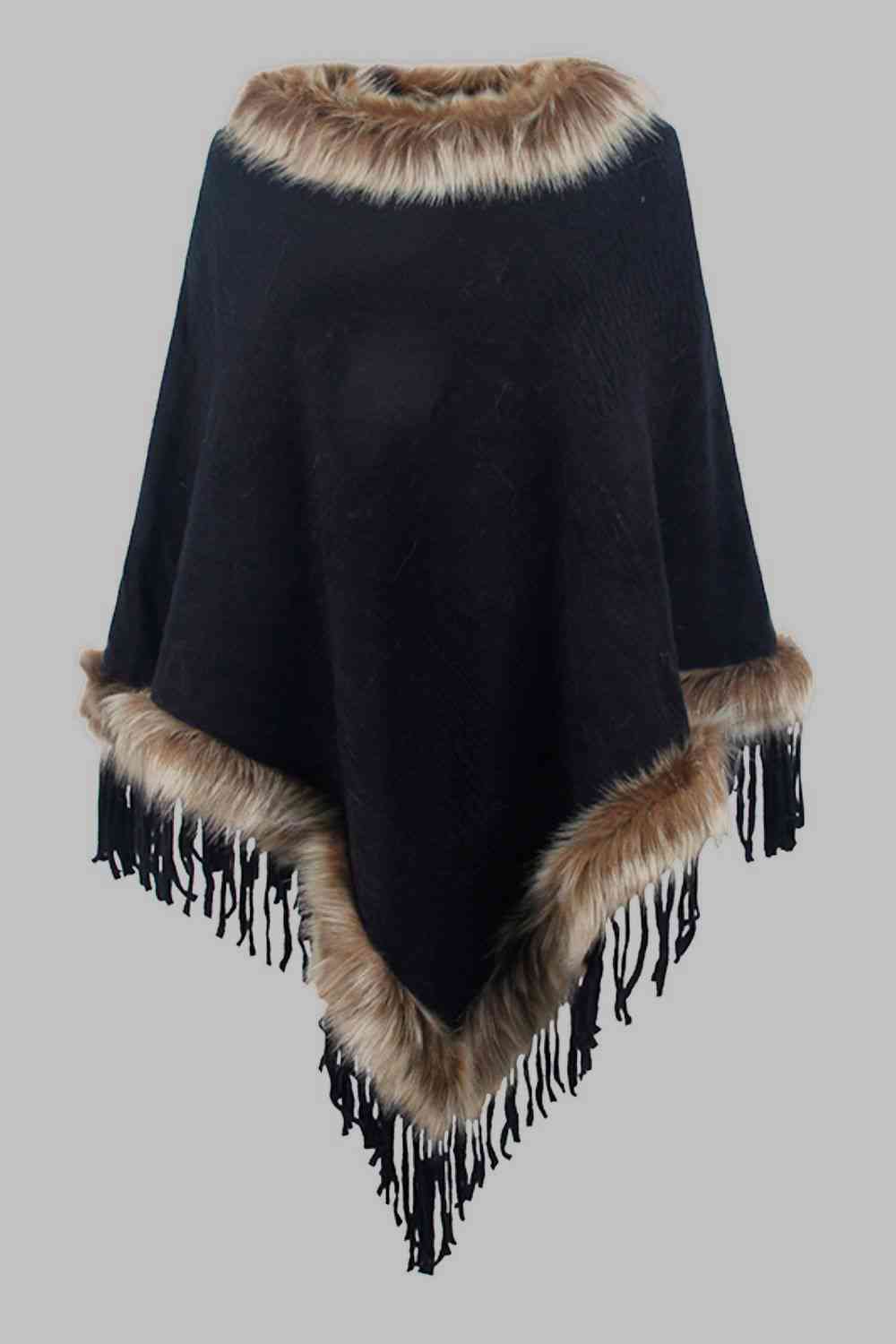 Faux Fur Trim Fringed Poncho Bazaarbey