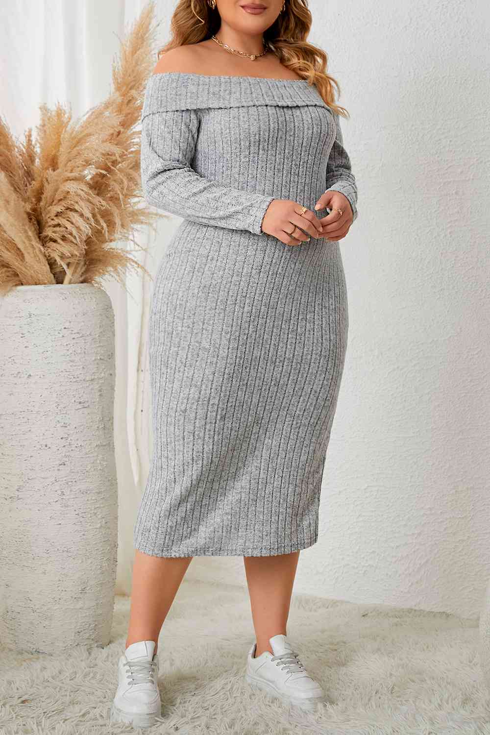 Plus Size Square Neck Long Sleeve Slit Dress -BazaarBey - www.shopbazaarbey.com