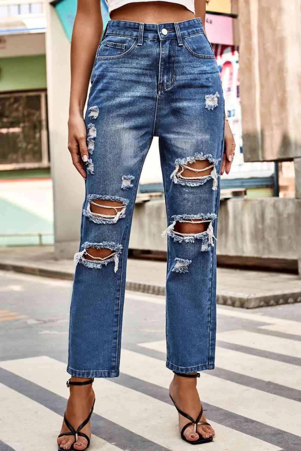 Distressed Buttoned Jeans with Pockets Trendsi