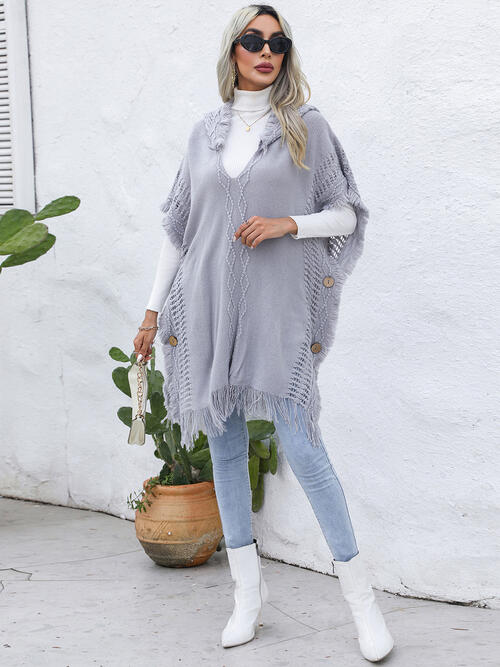 Fringe Trim Buttoned Hooded Poncho Bazaarbey