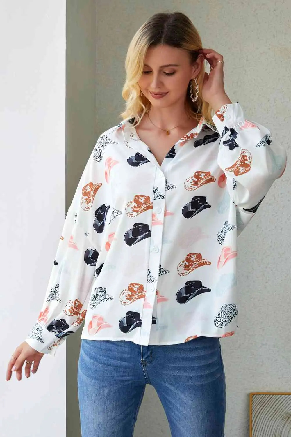 Hat Print Collared Neck Long Sleeve Shirt Bazaarbey