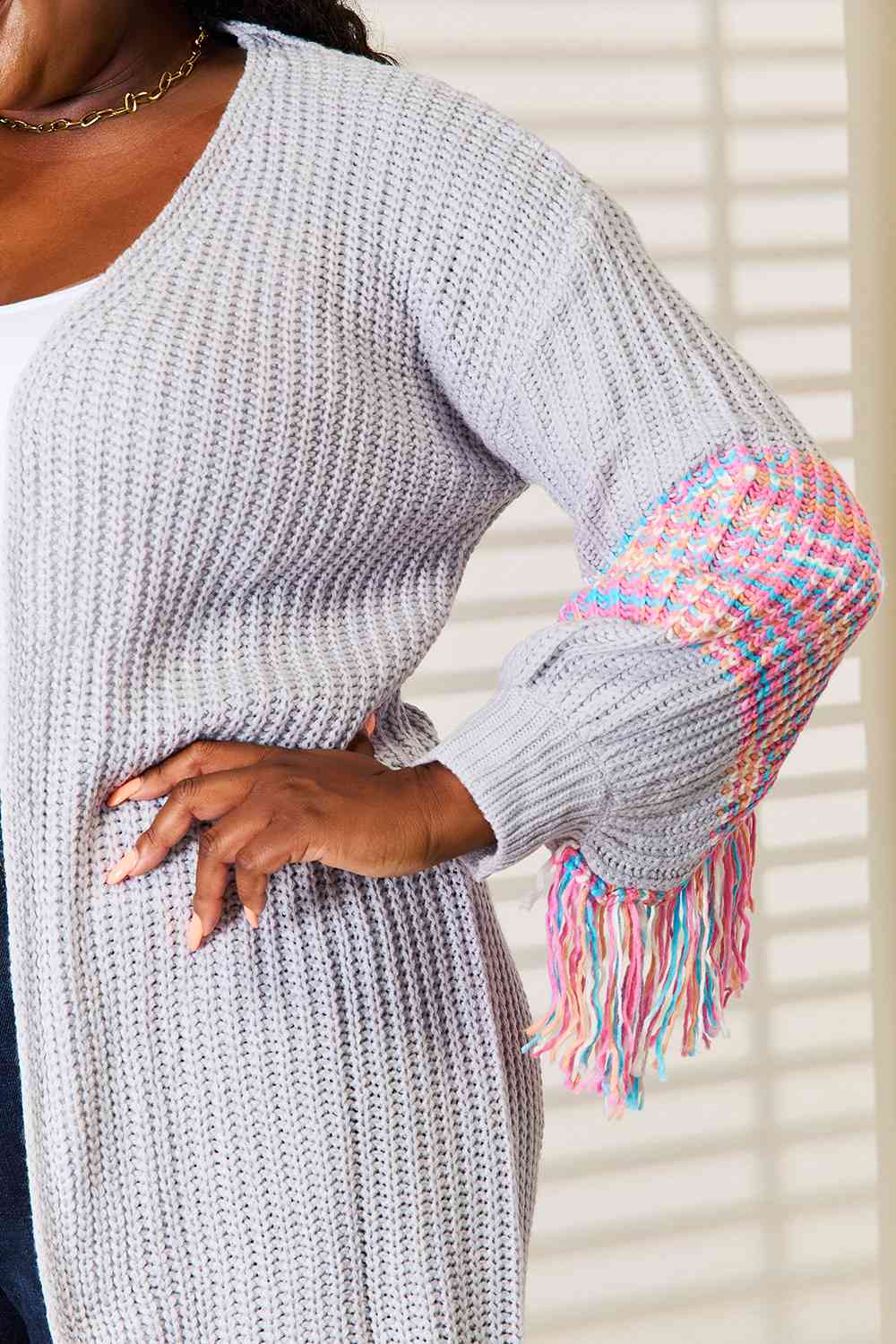 Woven Right  Sleeve Dropped Shoulder Cardigan Bazaarbey