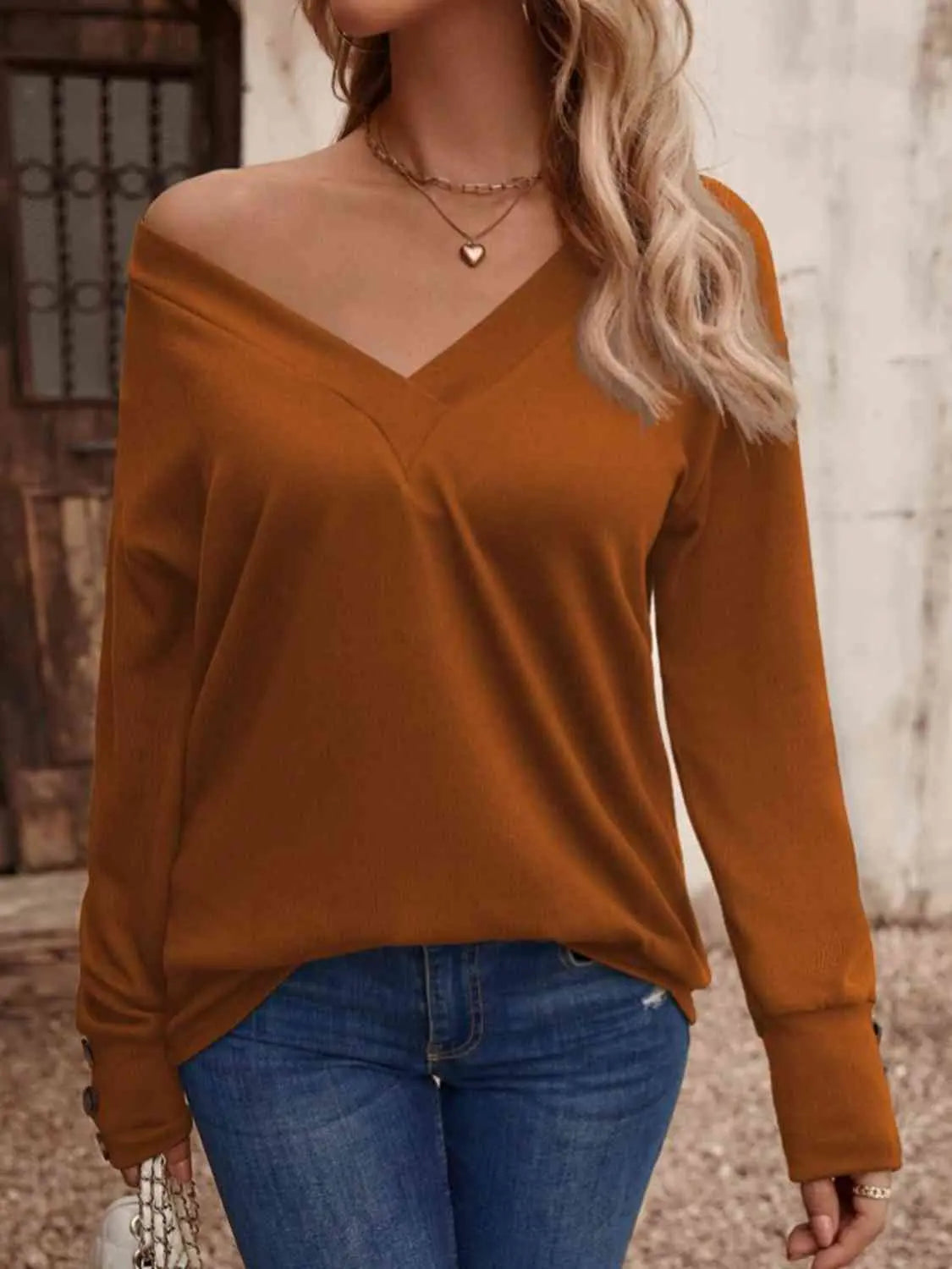 V-Neck Long Sleeve Top Trendsi
