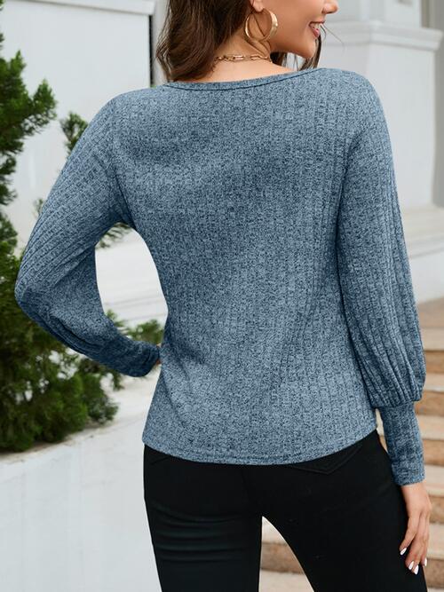 Ribbed Round Neck Lantern Sleeve Knit Top Bazaarbey