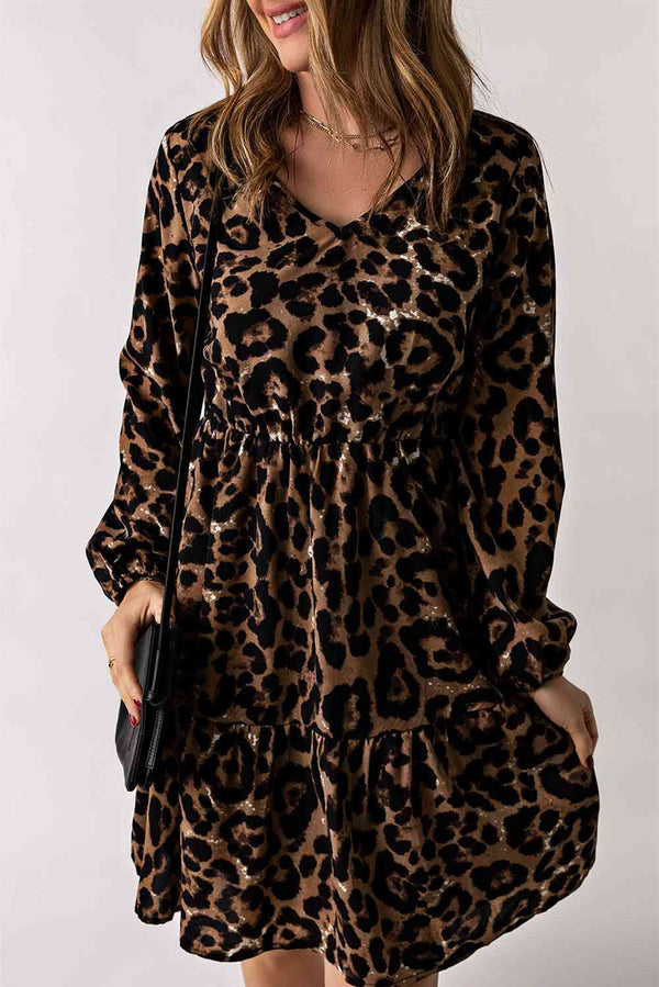 Leopard V-Neck Balloon Sleeve Tiered Dress -BazaarBey - www.shopbazaarbey.com