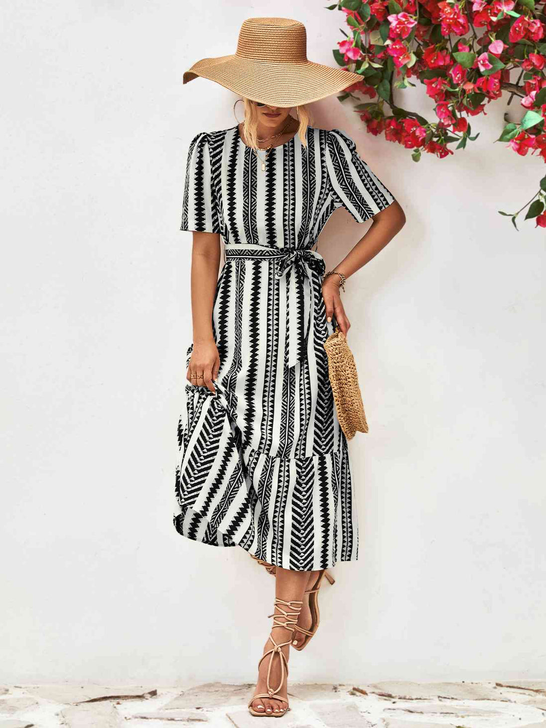 Striped Tie Belt Round Neck Puff Sleeve Dress -BazaarBey - www.shopbazaarbey.com