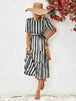 Striped Tie Belt Round Neck Puff Sleeve Dress -BazaarBey - www.shopbazaarbey.com