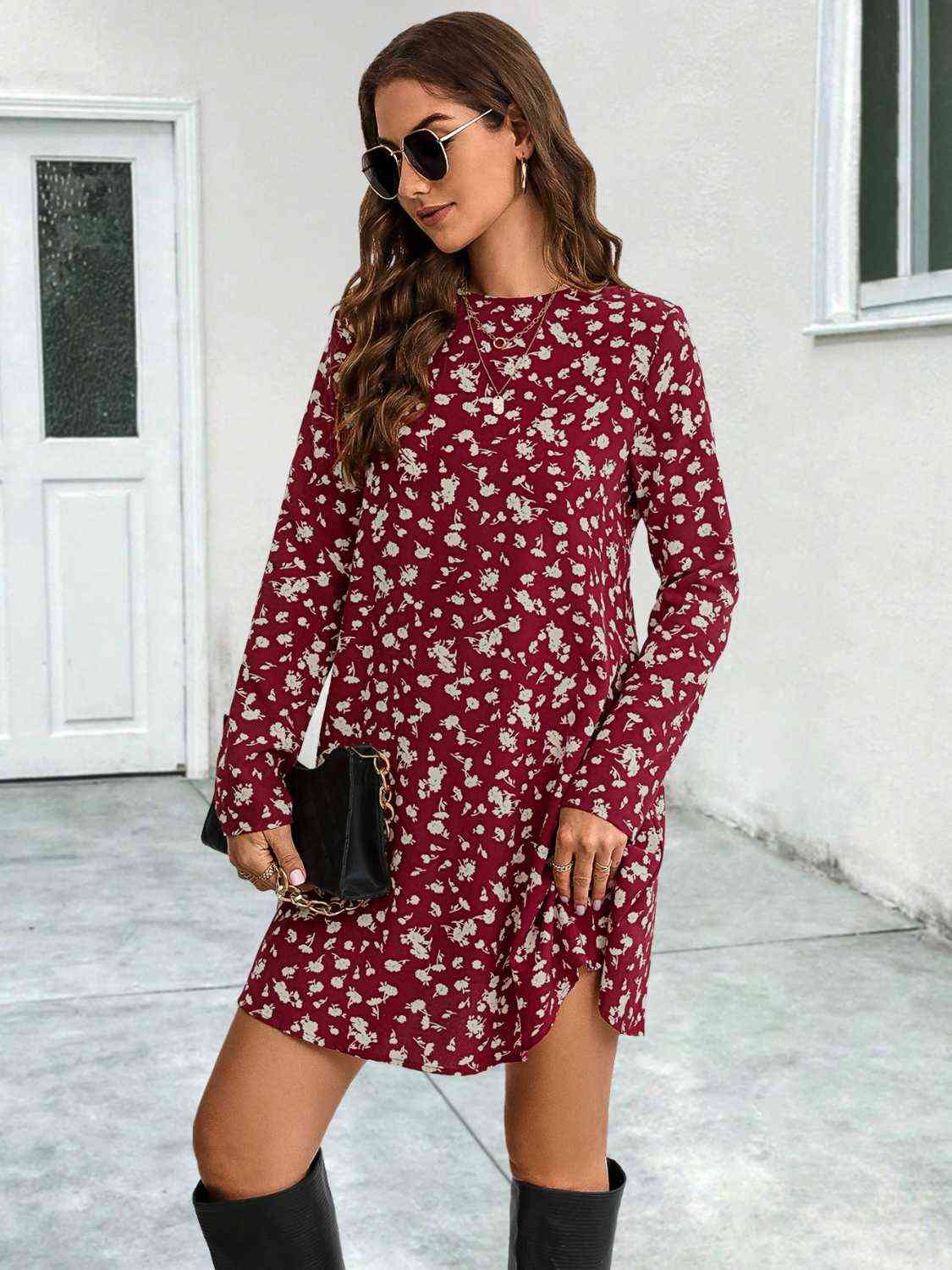 Round Neck Long Sleeve Mini Dress -BazaarBey - www.shopbazaarbey.com