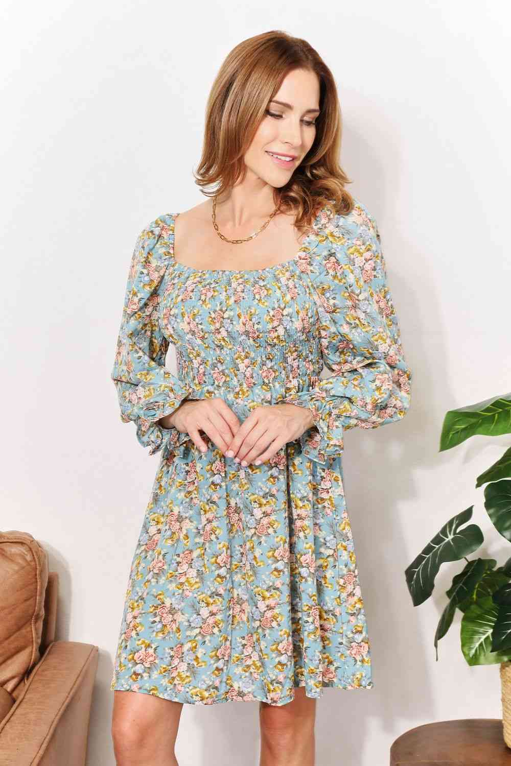  Floral Smocked Flounce Sleeve Square Neck Dress -BazaarBey - www.shopbazaarbey.com