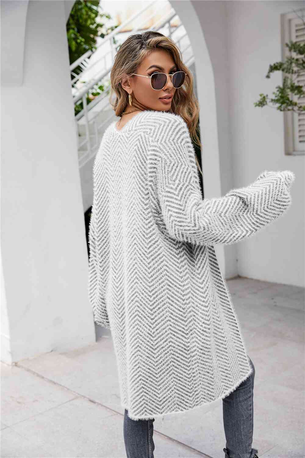 Herringbone Pattern Open Front Longline Fuzzy Cardigan Trendsi