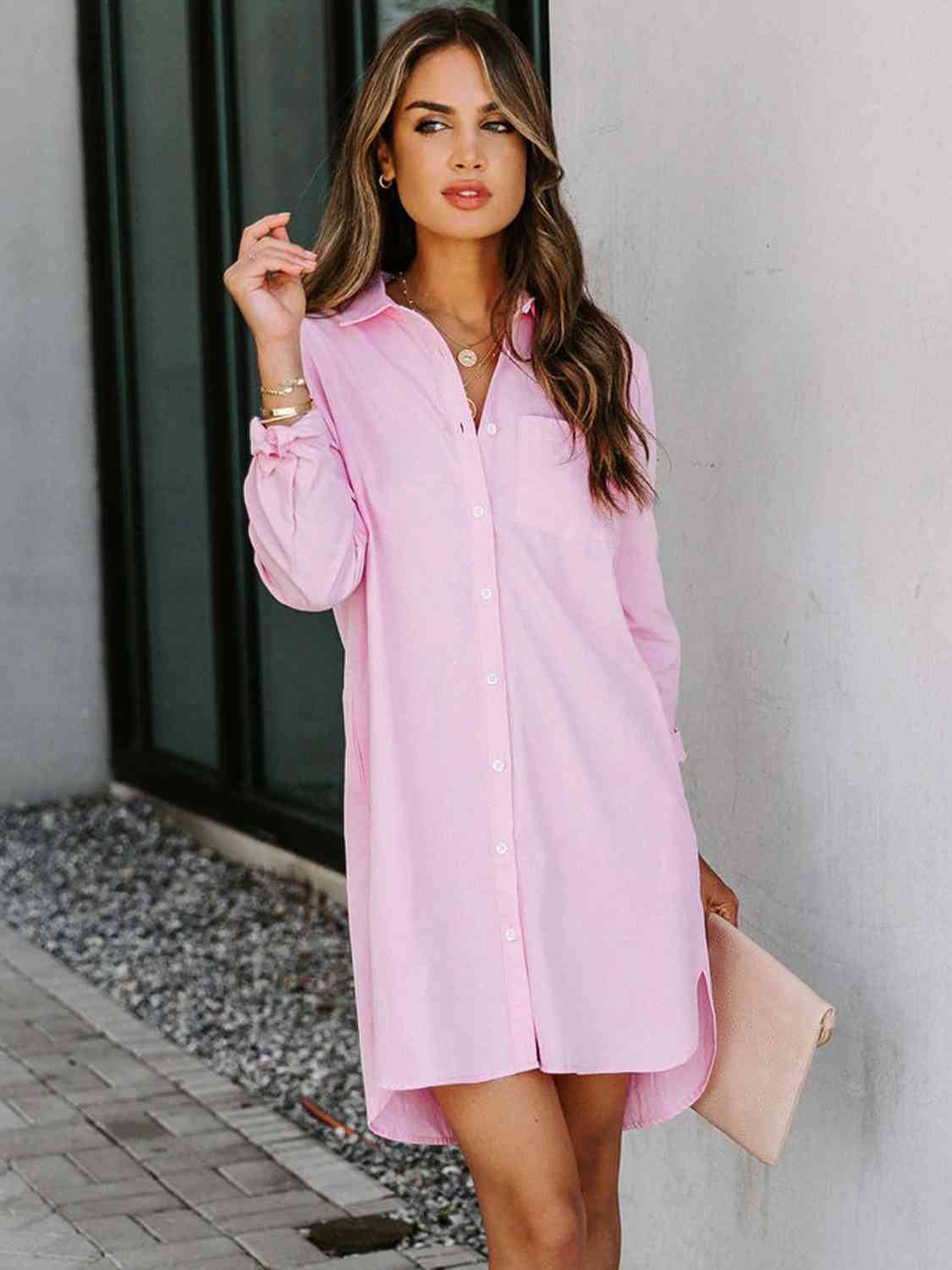 Button Up Collared Neck Long Sleeve Shirt Dress -BazaarBey - www.shopbazaarbey.com