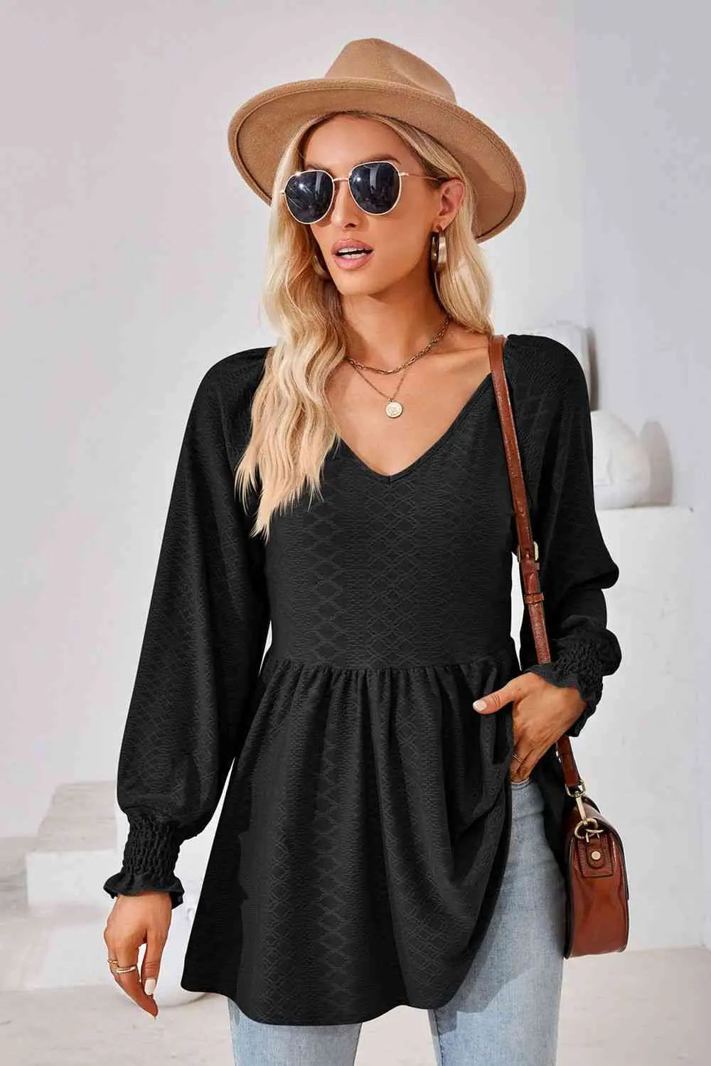 V-Neck Lantern Sleeve Blouse Bazaarbey