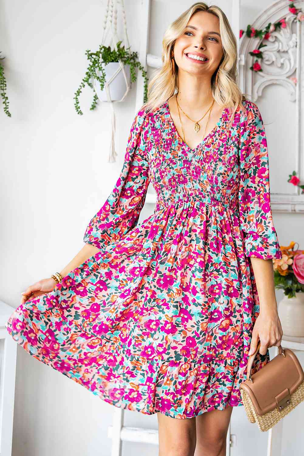 Floral Smocked V-Neck Flounce Sleeve Dress -BazaarBey - www.shopbazaarbey.com