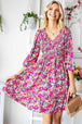Floral Smocked V-Neck Flounce Sleeve Dress -BazaarBey - www.shopbazaarbey.com