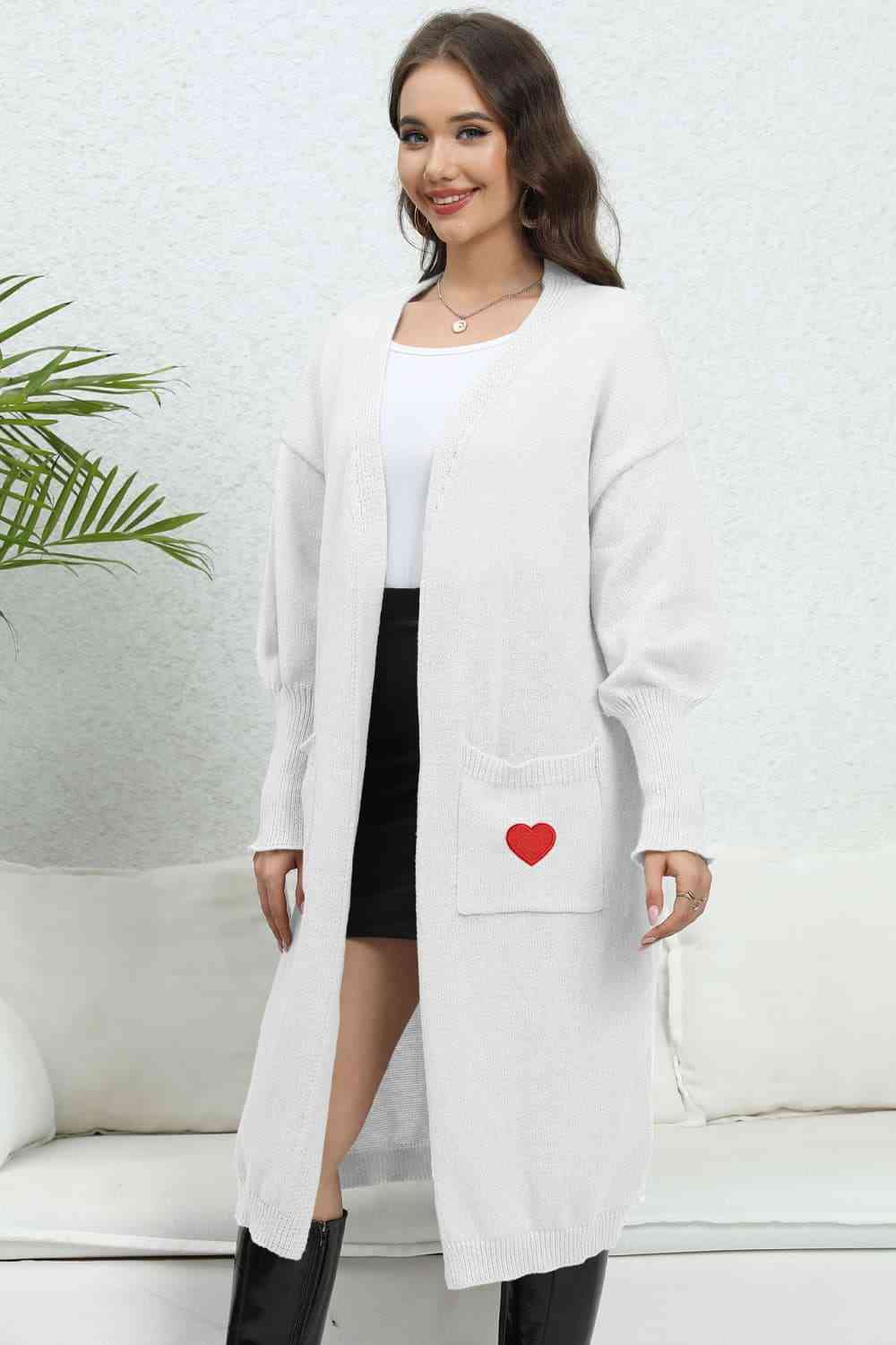 Lantern Sleeve Open Front Pocketed Cardigan Trendsi