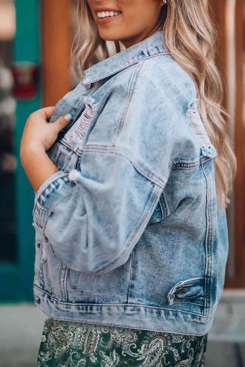 Distressed Drop Shoulder Denim Jacket Bazaarbey