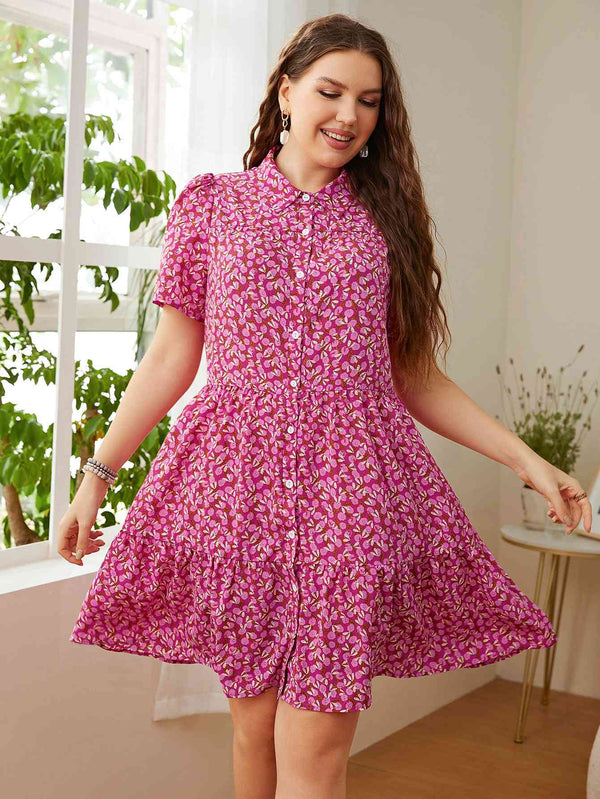Plus Size Printed Short Sleeve Collared Dress -BazaarBey - www.shopbazaarbey.com