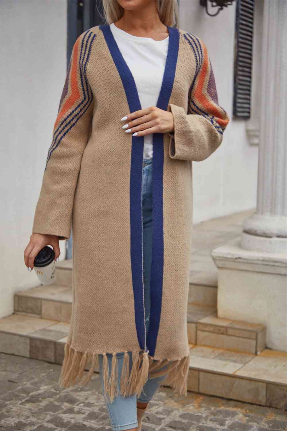  Geometric  Hem Open Front Duster Cardigan Bazaarbey