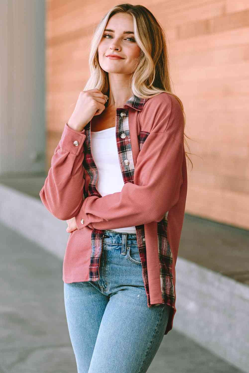 Plaid Button Down Collared Jacket Trendsi