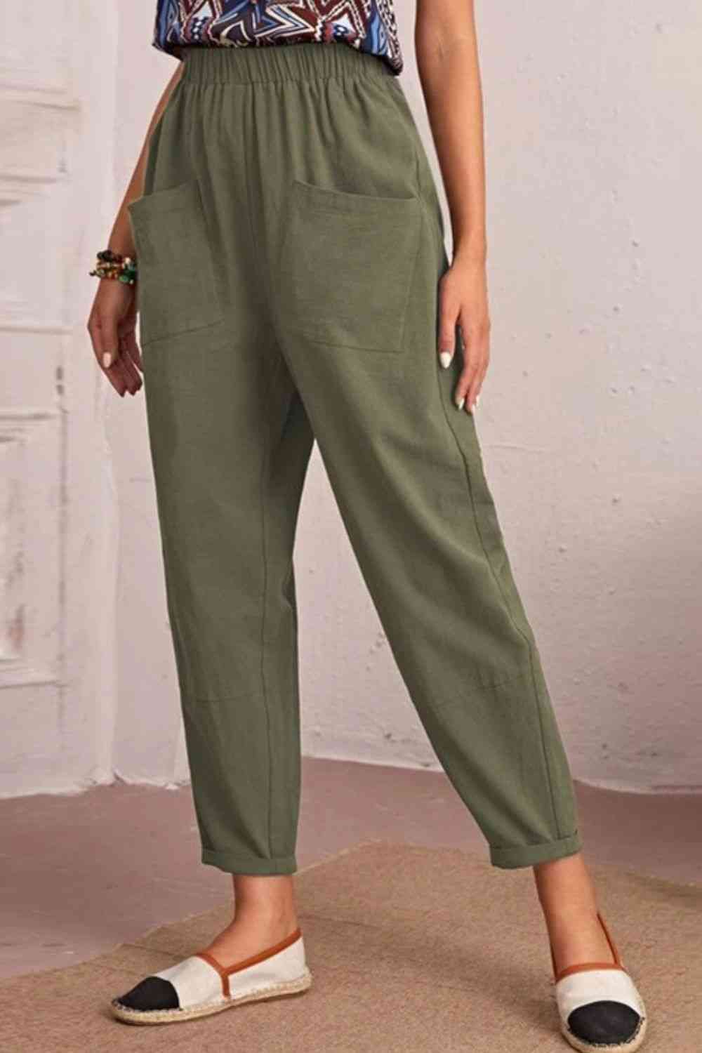 Elastic Waist Pocket Tapered Pants Bazaarbey