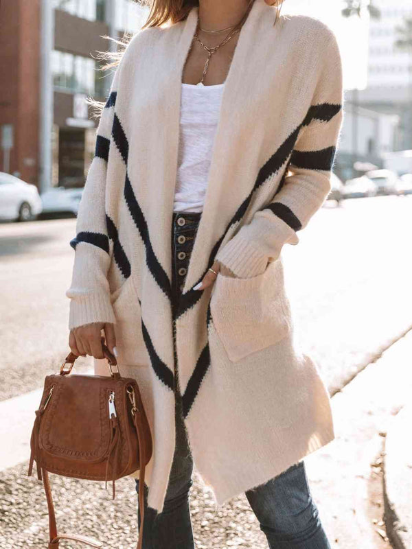 BazaarBey Contrast Open Front Cardigan with Pockets Bazaarbey