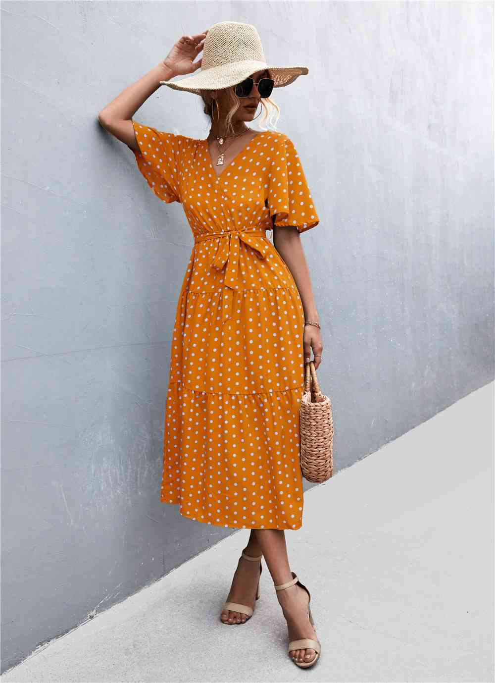 Printed V-Neck Flutter Sleeve Belted Dress -BazaarBey - www.shopbazaarbey.com