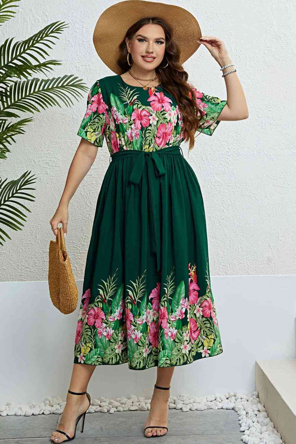 Floral Tie-Waist Round Neck Dress -BazaarBey - www.shopbazaarbey.com