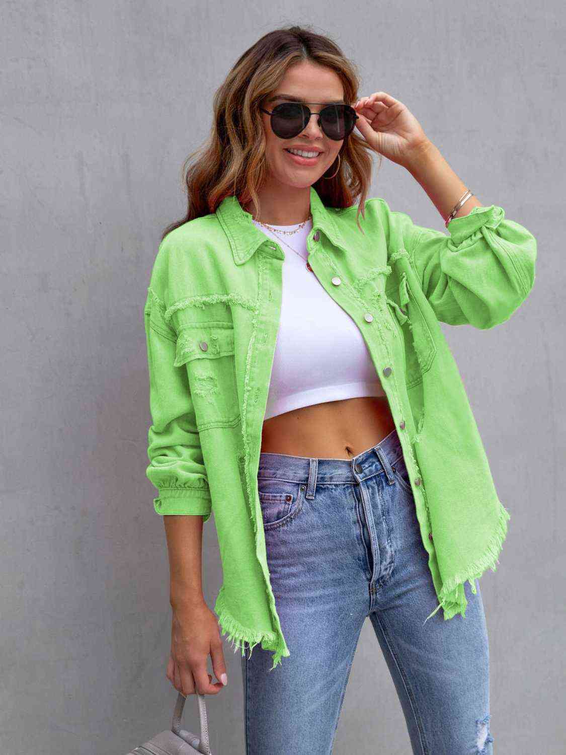 Distressed Drop Shoulder Denim Jacket Bazaarbey