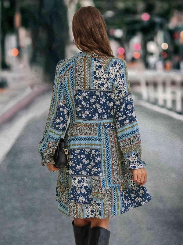 Printed Tie Front Flounce Sleeve Dress -BazaarBey - www.shopbazaarbey.com