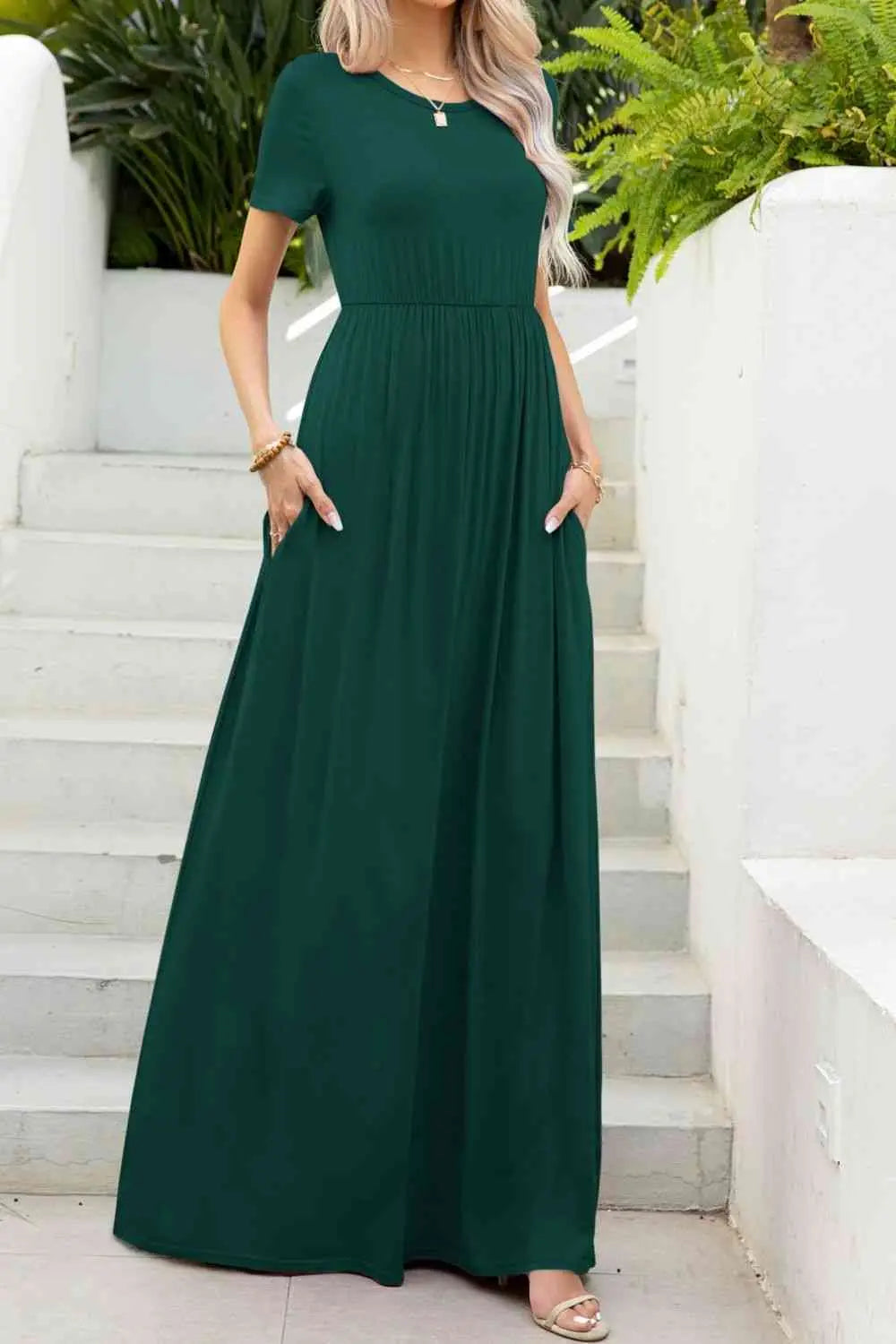 Round Neck Maxi Tee Dress with Pockets -BazaarBey - www.shopbazaarbey.com