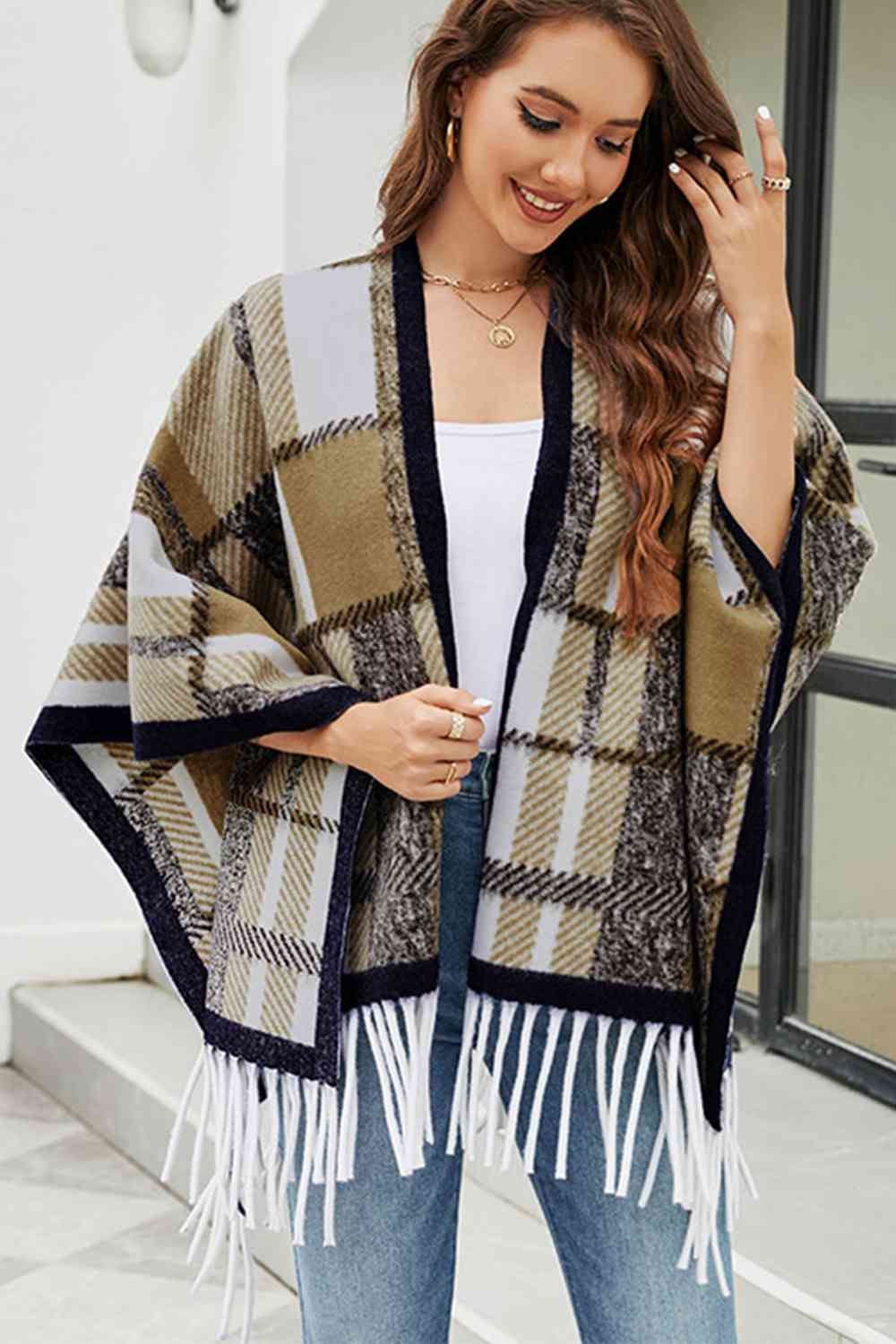 Cloak Sleeve Fringe Detail Poncho Bazaarbey