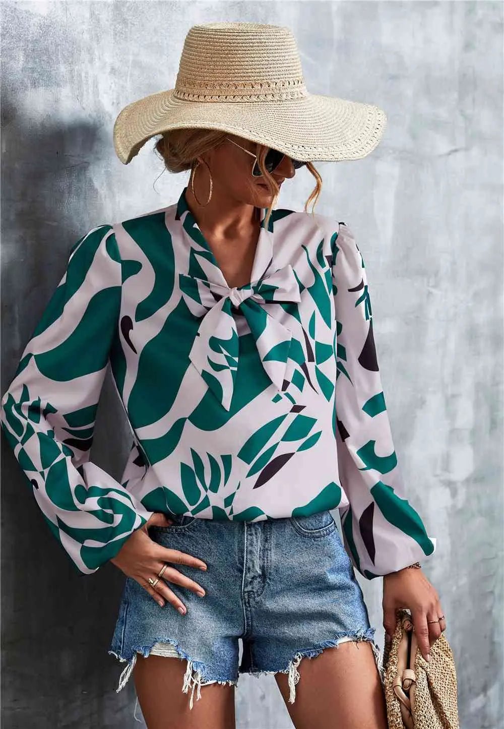 Printed Tie Neck Puff Sleeve Blouse Bazaarbey