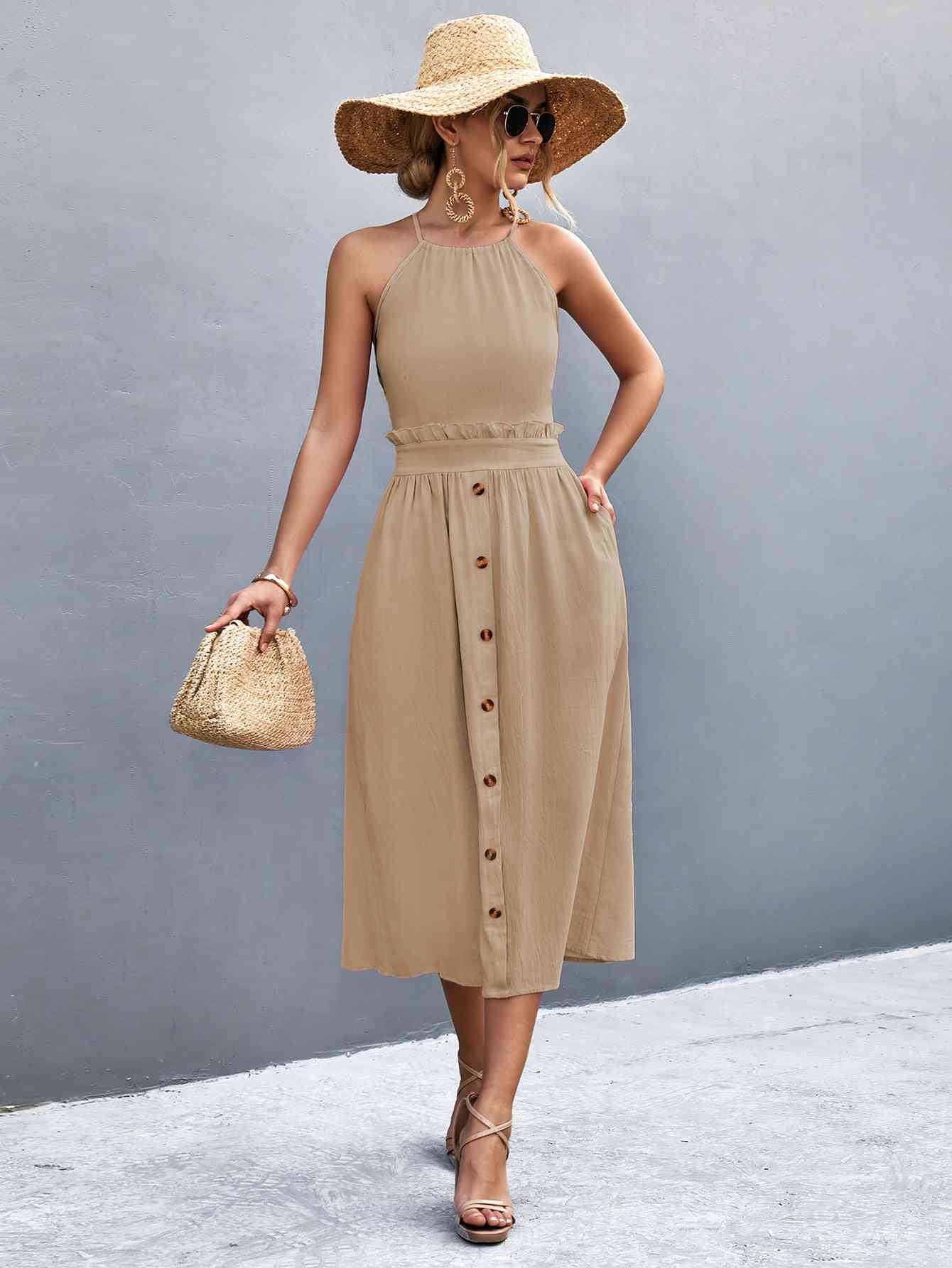 Buttoned Halter Neck Frill Trim Midi Dress -BazaarBey - www.shopbazaarbey.com